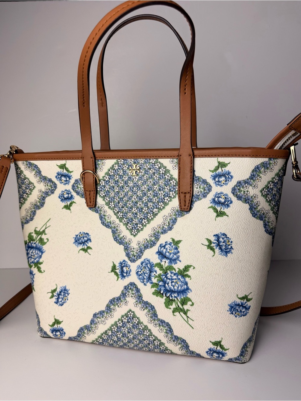 Tory Burch Kerrington Small Zip Tote Terrace Ditsy Floral Cloud Blue Brown